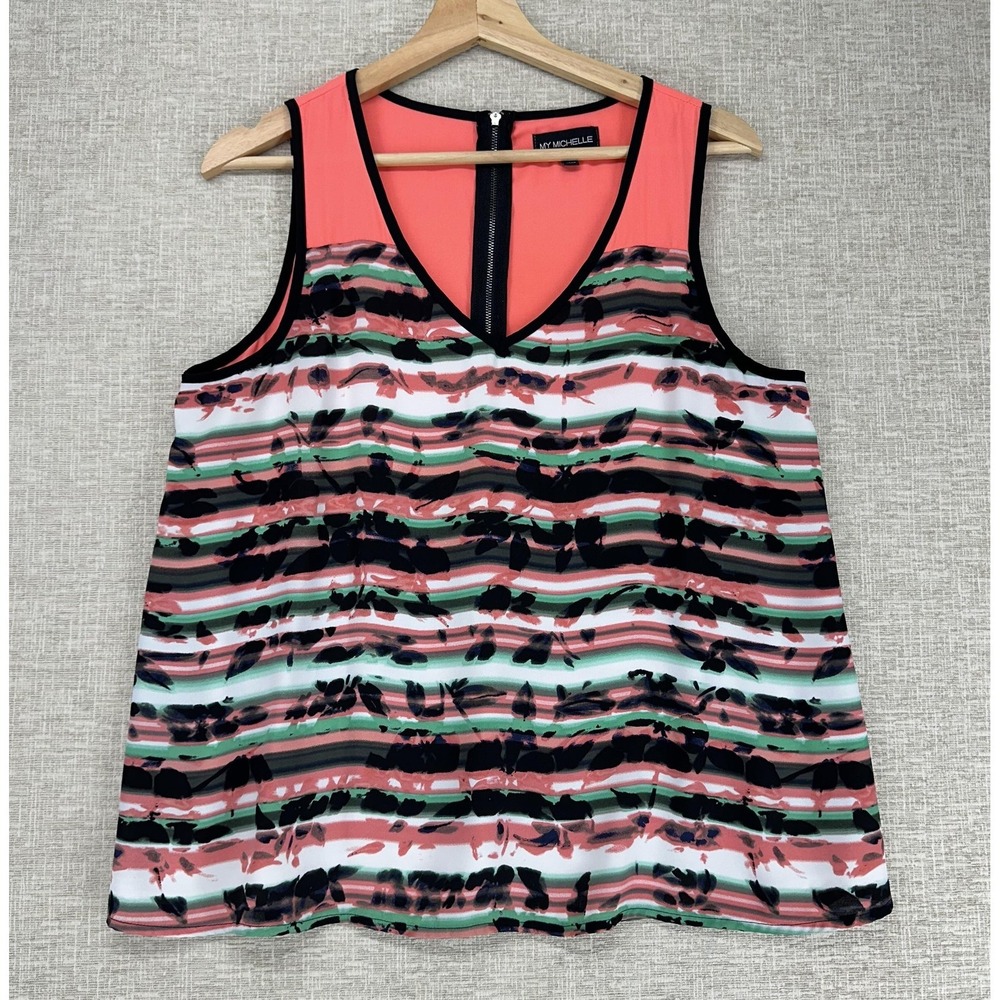 My Michelle Tank Top Juniors Large Multicolor Stripe V Neck Zip Back‎ Lined